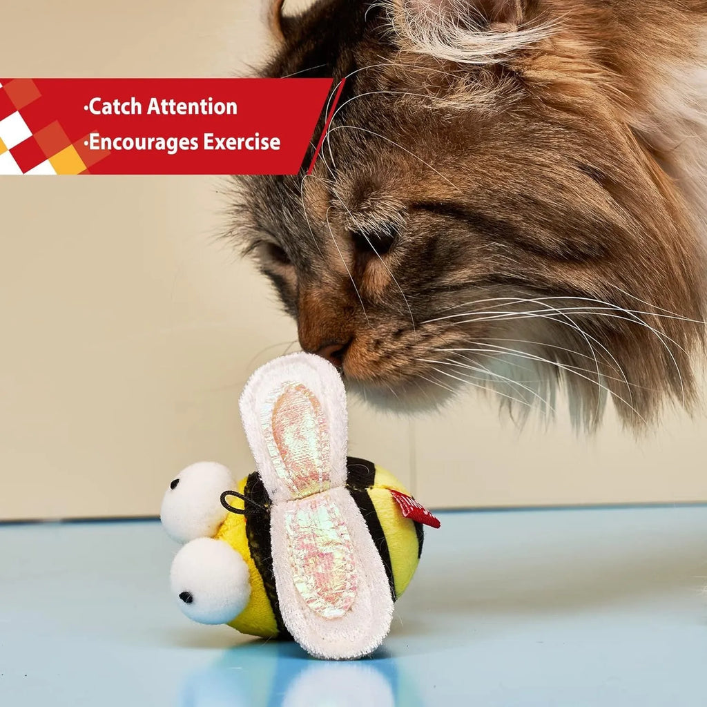 Yellow bee-shaped flannelette cat toy with electronic motion-activated squeaking sound