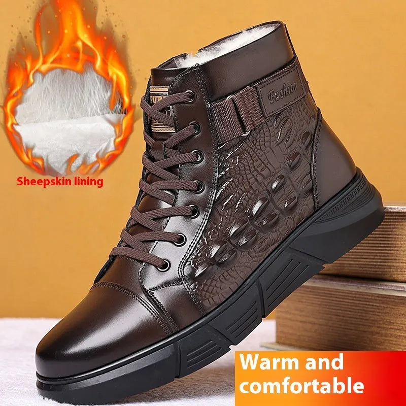 Women's black genuine leather snow boots with fur trim and lace-up front