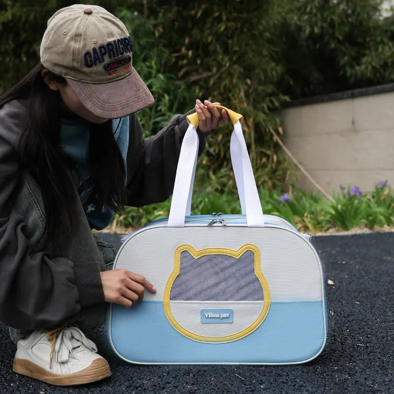 Foldable outdoor cat backpack carrier in blue colour with contrast pattern and adjustable straps