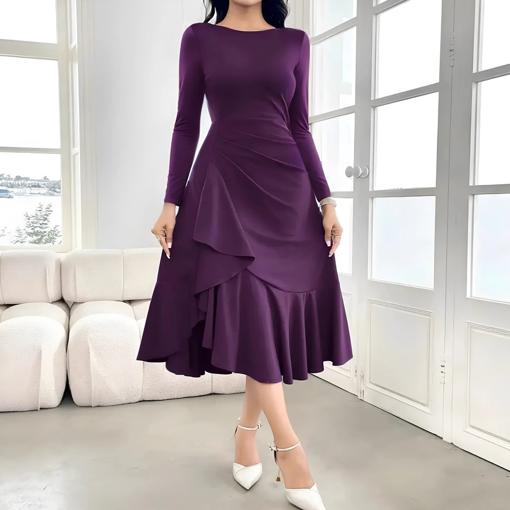 Purple women's long sleeve round neck dress with ruffle detail and mid waist