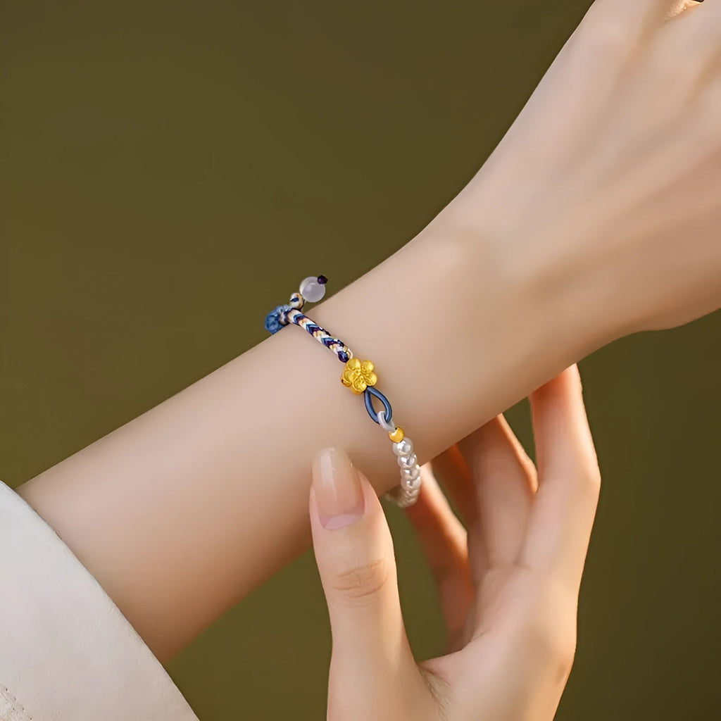 Sterling silver chalcedony bracelet with Chinese flower weaving and peach coloured cord