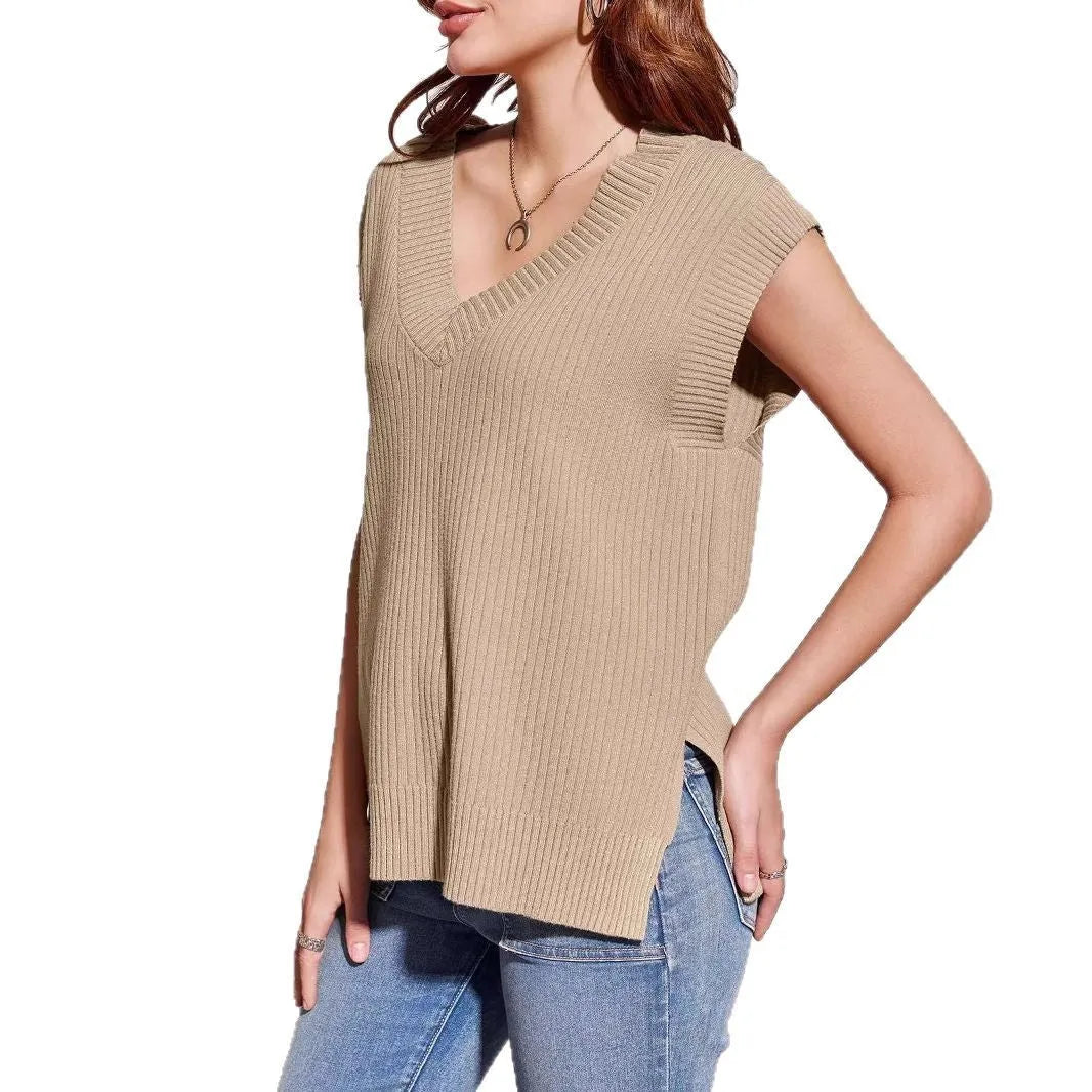 Camel coloured v-neck sleeveless loose pullover vest with striped pattern and folding detailing