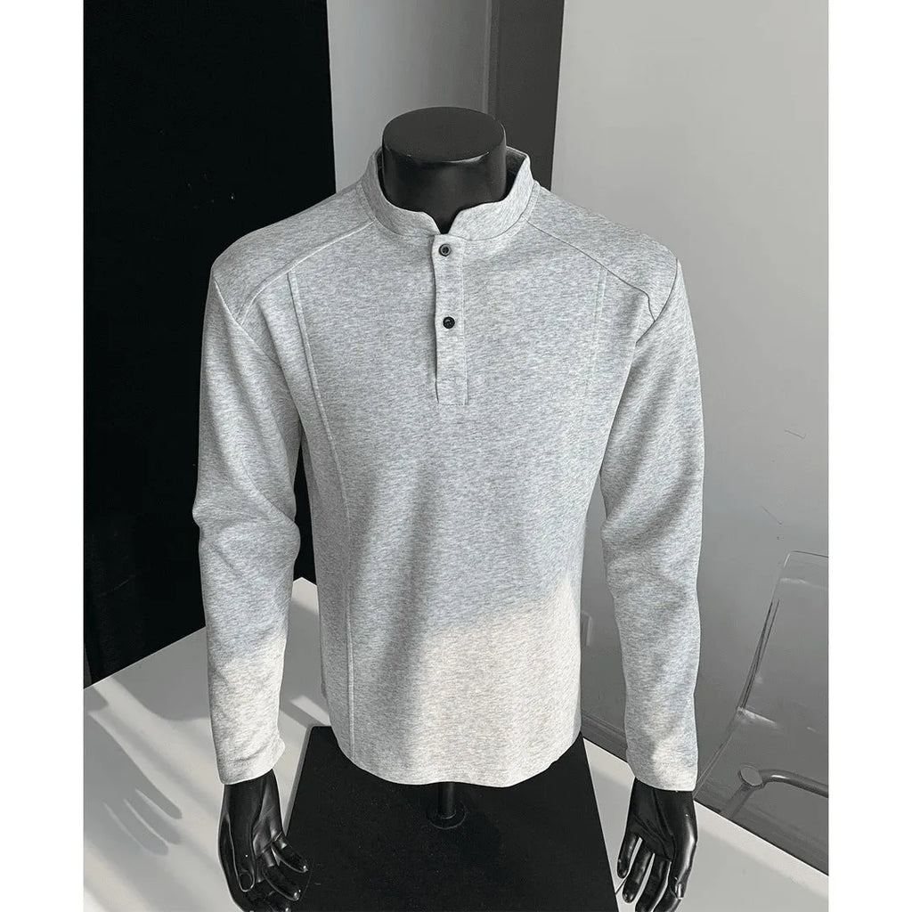 Men's loose fit patchwork collar polo shirt in white gray colour with stand-up collar and long sleeves