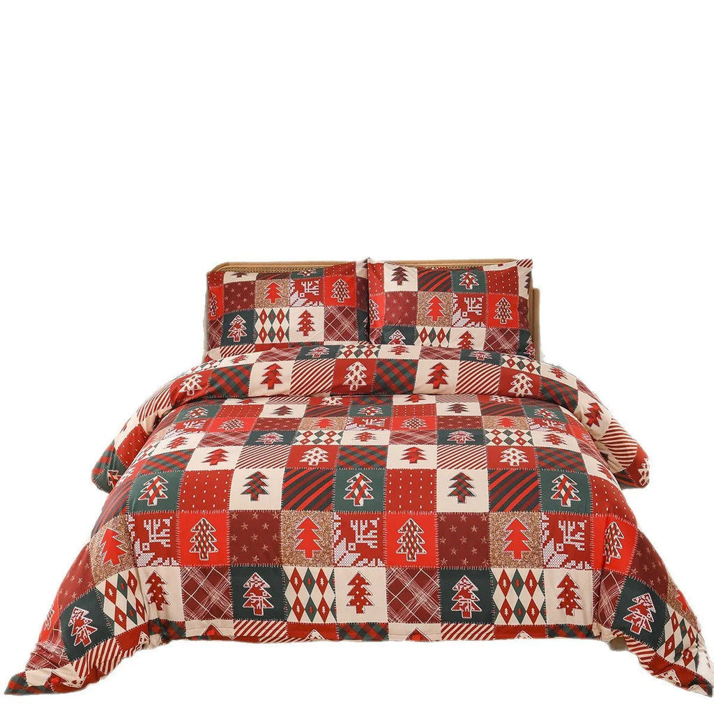 Christmas red plaid pattern bed sheet set with quilt cover and pillowcases in European style