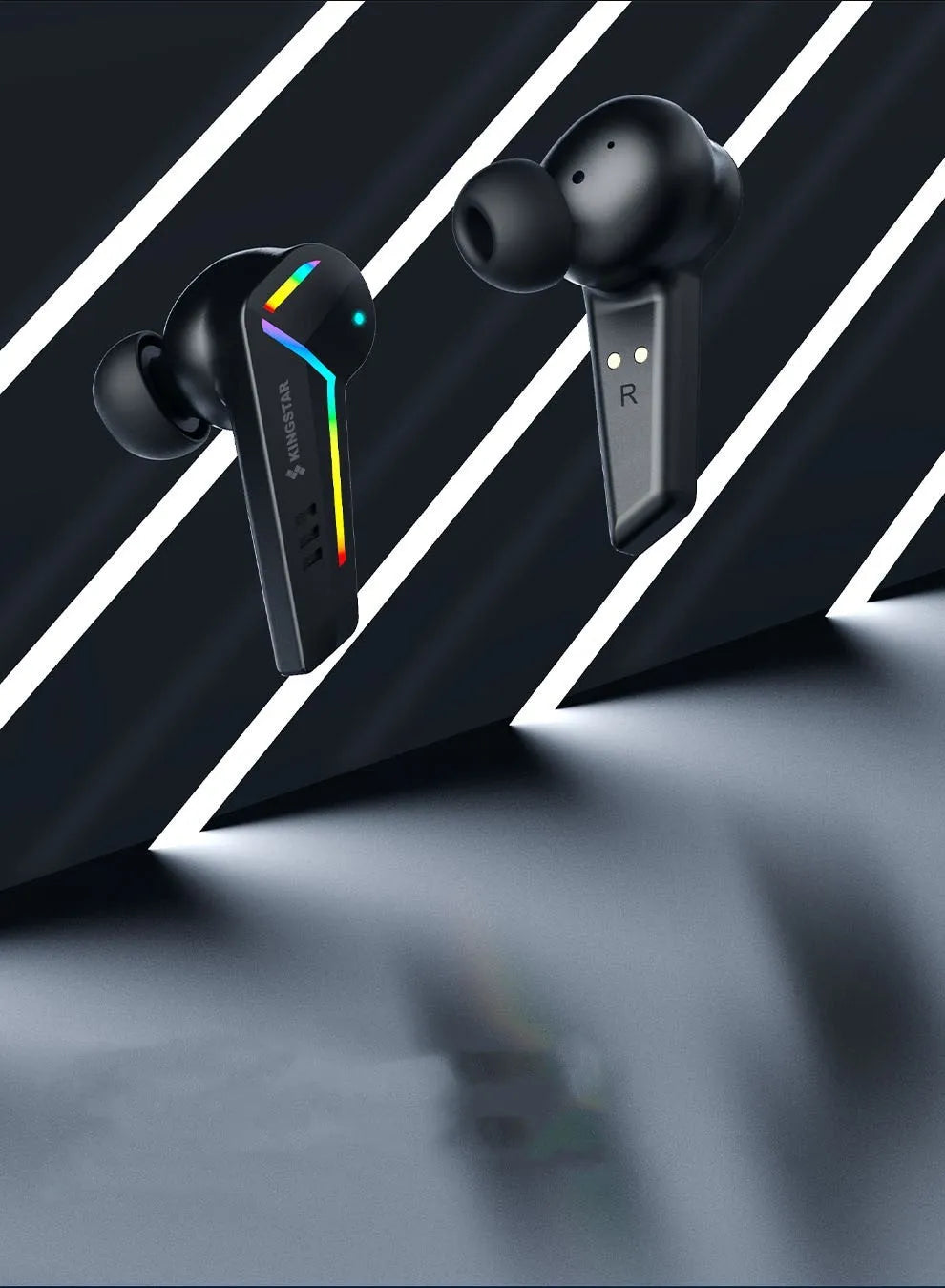 Black TWS Bluetooth earbuds with Jerry chipset for low latency gaming and 15m wireless range