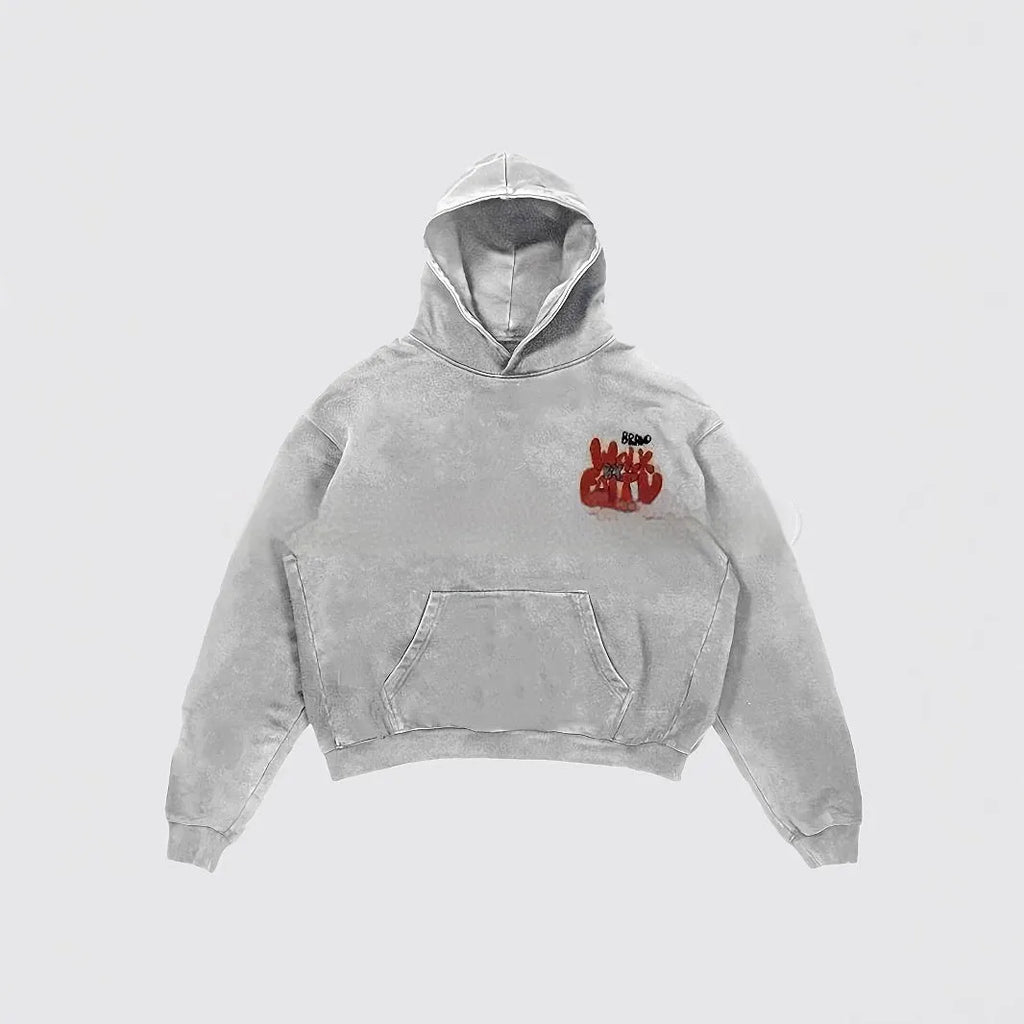 Granny grey hoodie with vintage character letter print and pocket