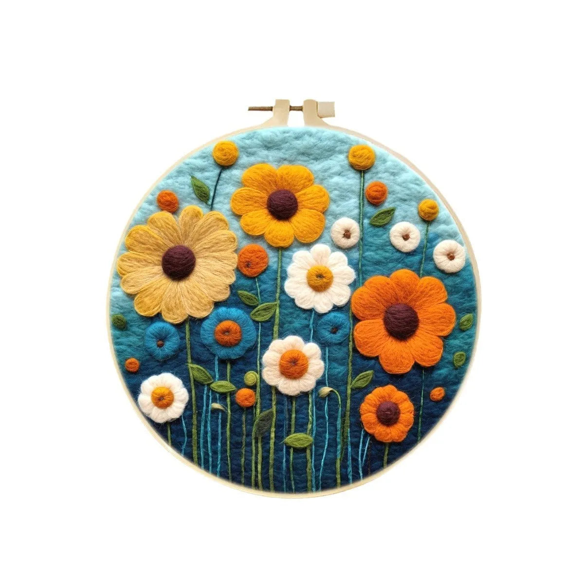Round linen embroidery kit with wool felt pieces for a 20cm three-dimensional blanket painting project.