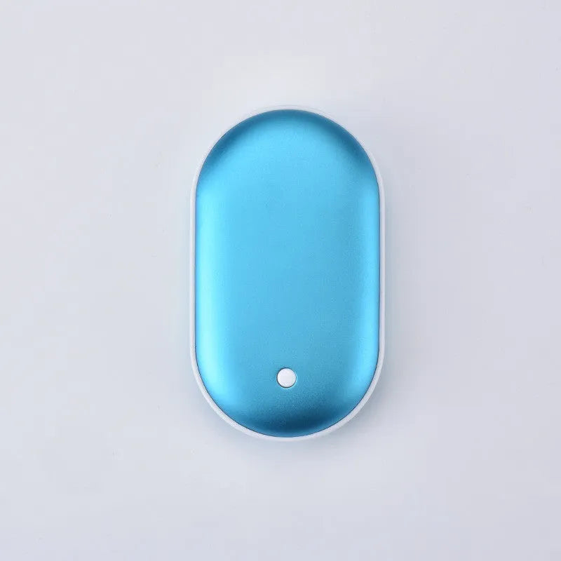 Rechargeable mini hand warmer power bank with digital display in rose gold and blue