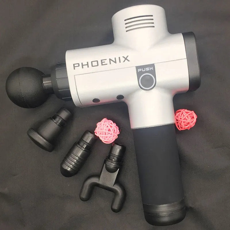 Black deep tissue fascia massage gun with four removable heads on a grey background