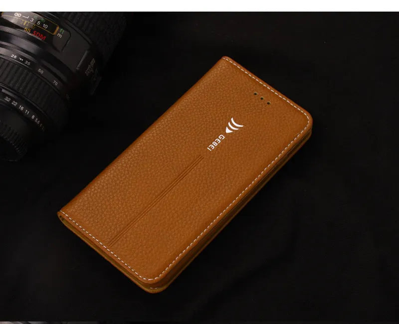 Black PU leather wallet phone case open showing card slot, next to an iPhone.