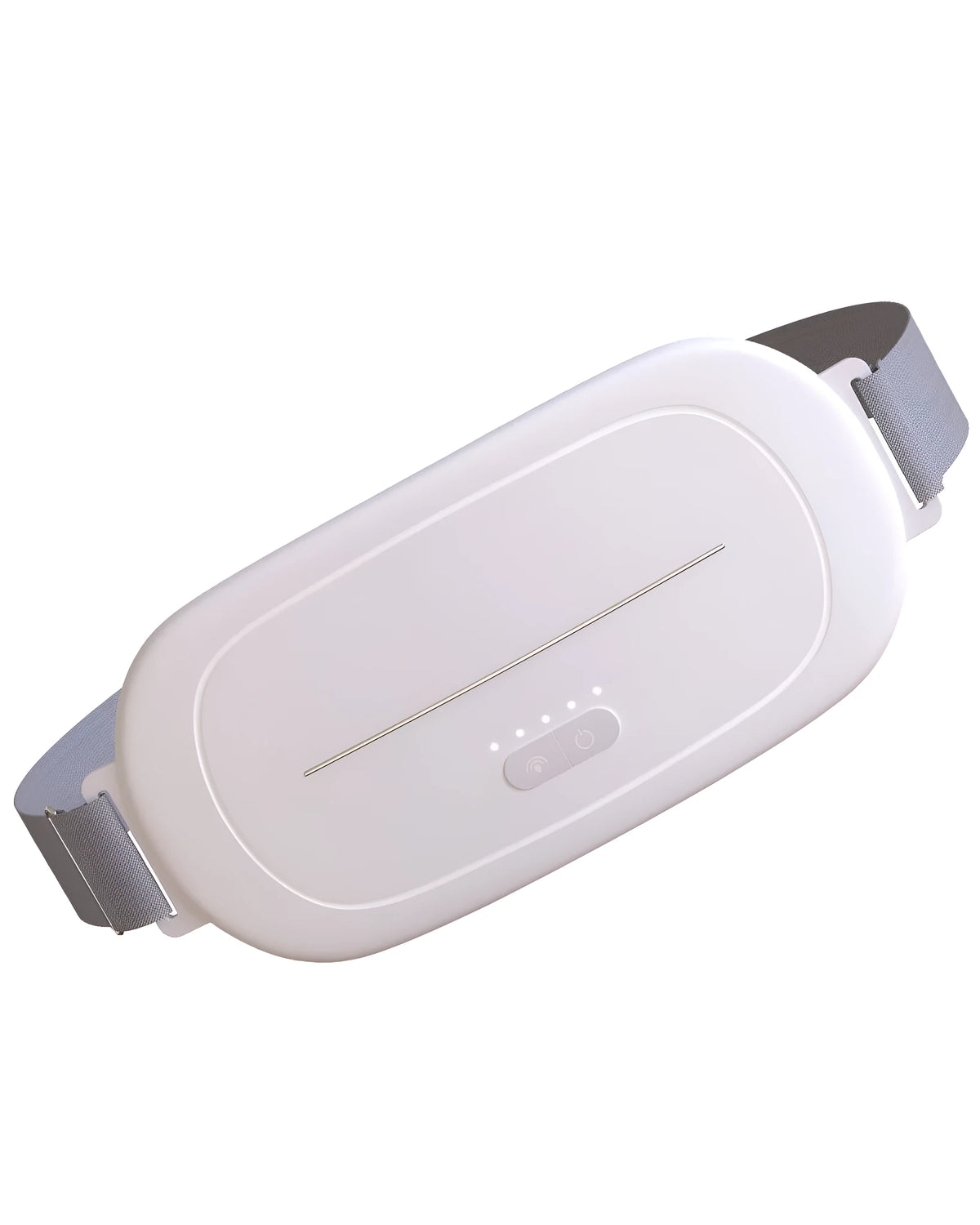 White uterine warming device with an adjustable strap laid flat on a surface.