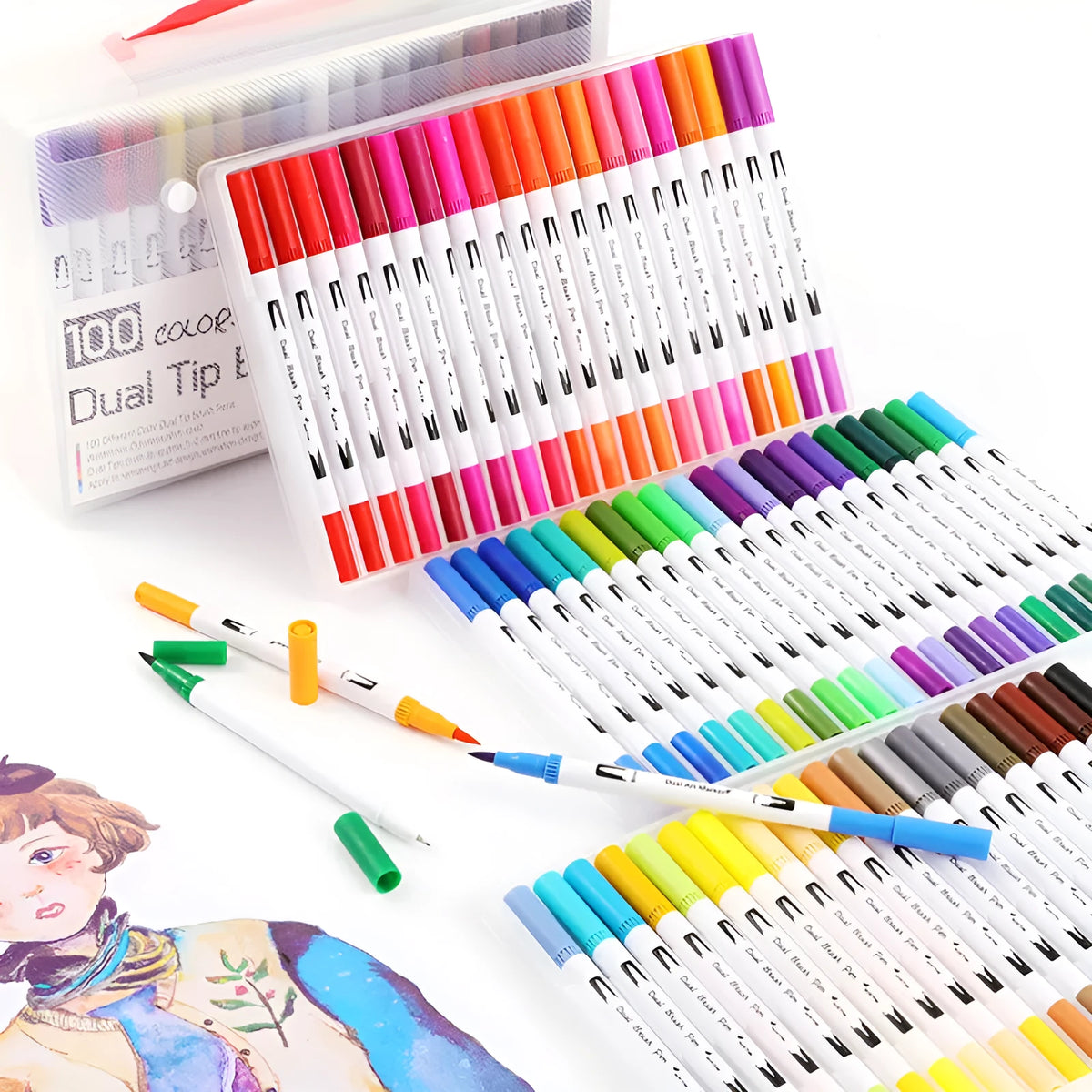 Watercolour pen set showing multiple colours creating ink wash effects on paper