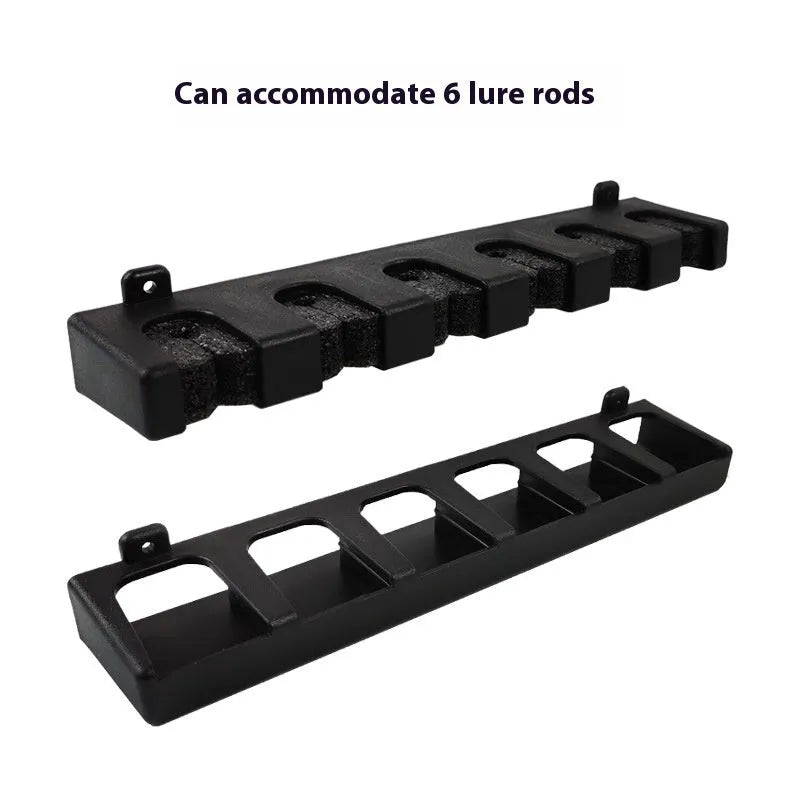 Black ABS plastic wall-mounted fishing rod holder for horizontal or upright storage