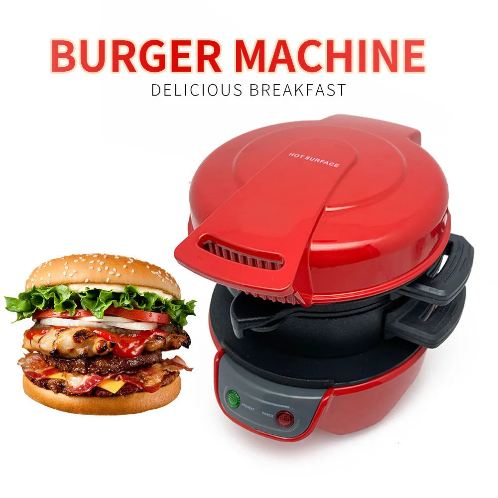 Bright red household breakfast machine with sandwich plates, egg cooker ring, and waffle plates on kitchen counter.