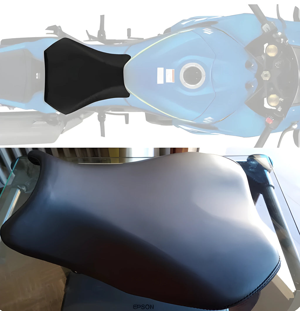 Suzuki GSXR1000 motorcycle with black PU leather seat covers on both front and rear seats.