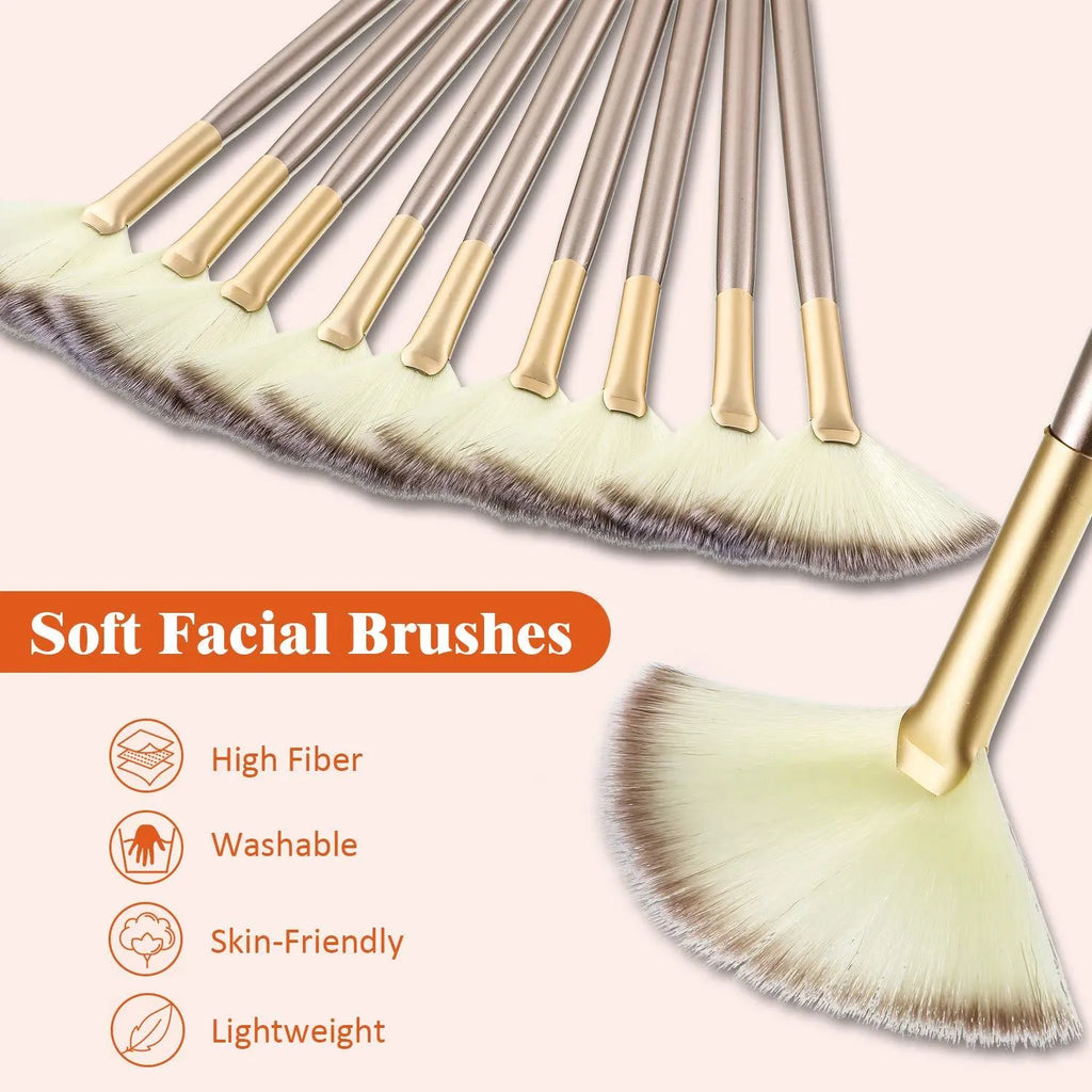 Ten champagne-finished facial fan brushes with acrylic handles and protective covers.