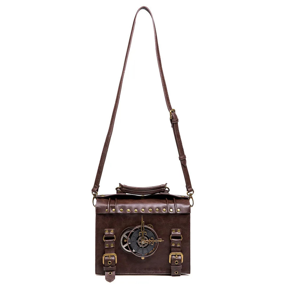 Bronze steampunk industrial retro shoulder bag with metal accents and pillow bag design