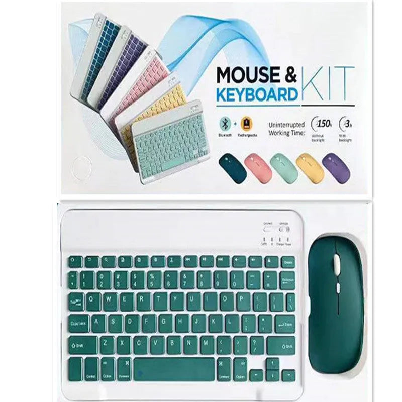 Solid colour Bluetooth keyboard and mouse set showing 10-inch keyboard and 7-inch mouse in available colours.
