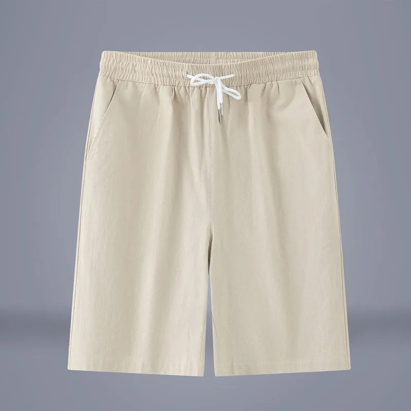 Chinese-style cotton-linen cropped trousers in Army Green with drawstring waist and fifth pants length