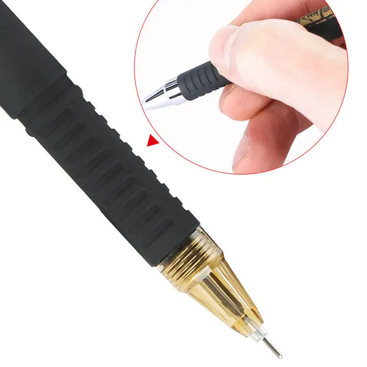 Set of eight black gel pens with anti-fatigue barrels and quick-drying ink.