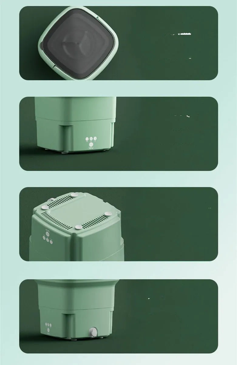 Folding washing machine and ultrasonic cleaning machine with spin-drying barrel in blue, green, or pink, 260x205x205mm.