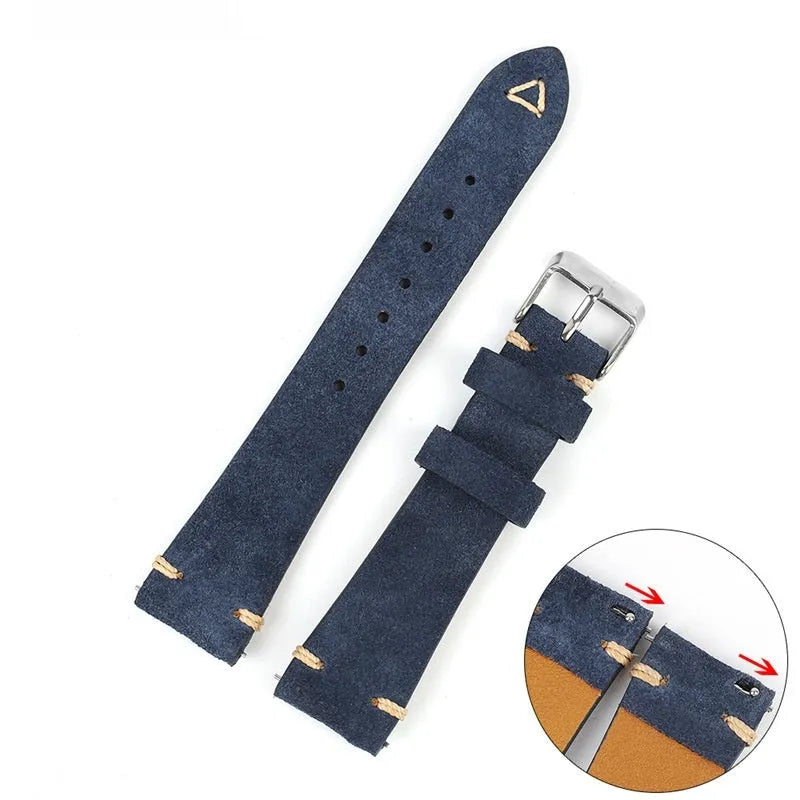 Suede genuine leather small waist watch strap in brown, blue, gray, Army Green for 20mm 22mm watches.