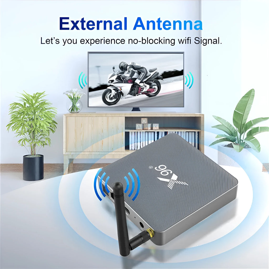 Smart Voice Set-top Box with remote, HDMI cable, and power adapter on a table.