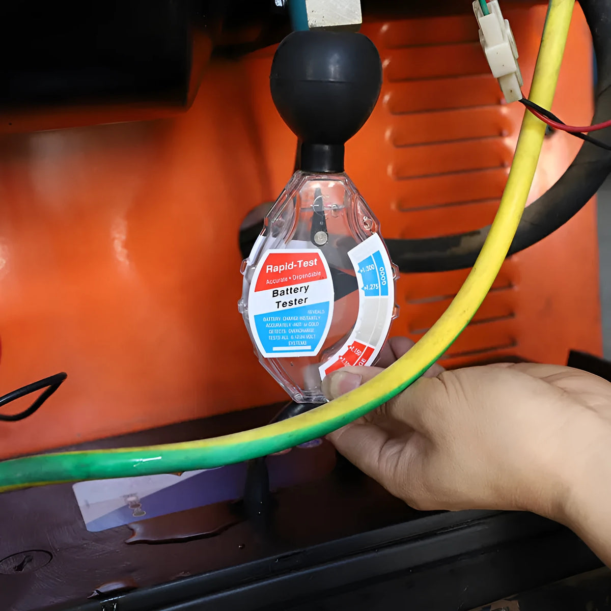 Suction electrolyte hydrometer for lead acid battery testing showing measurement scale and ABS construction