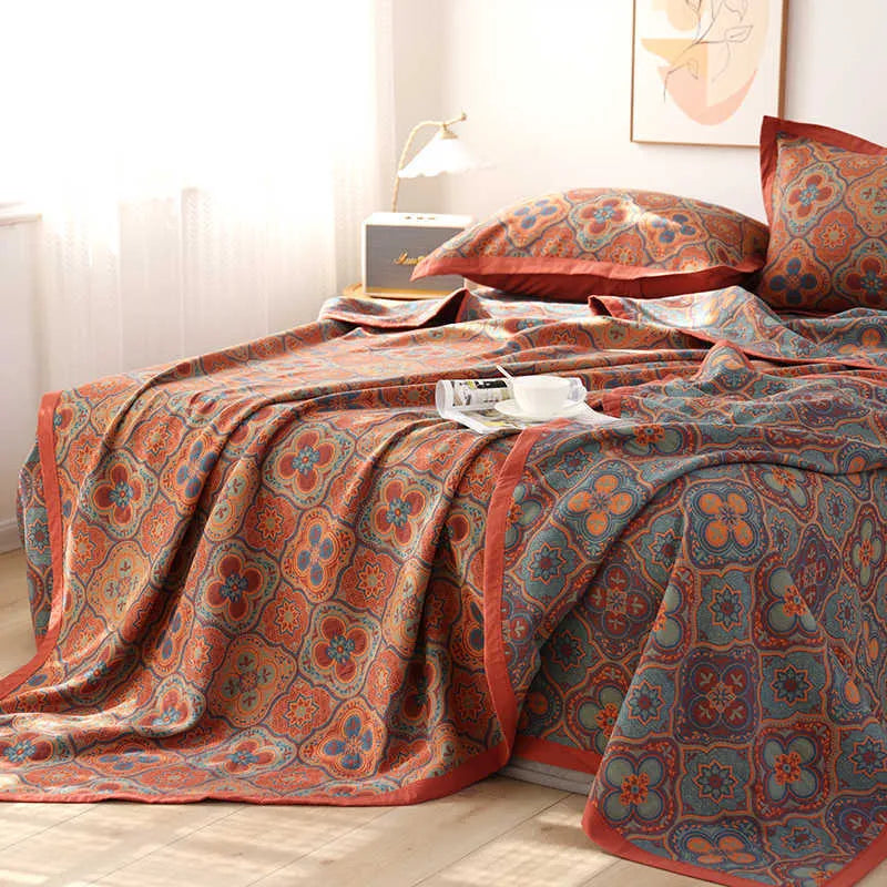 Cotton gauze bed blanket and two pillowcases set with plant and flower pattern in Flower Story Language colour