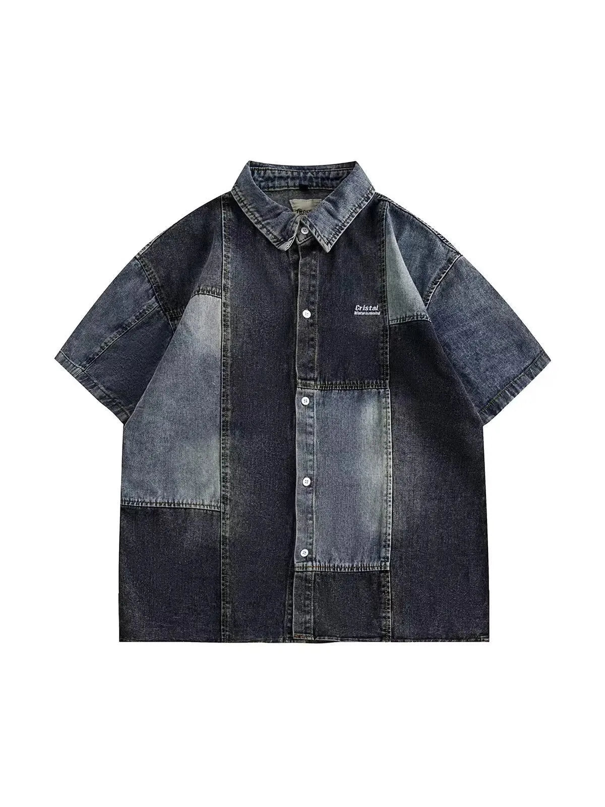 Blue Japanese-style retro washed denim shirt with loose cardigan fit and stitching detail