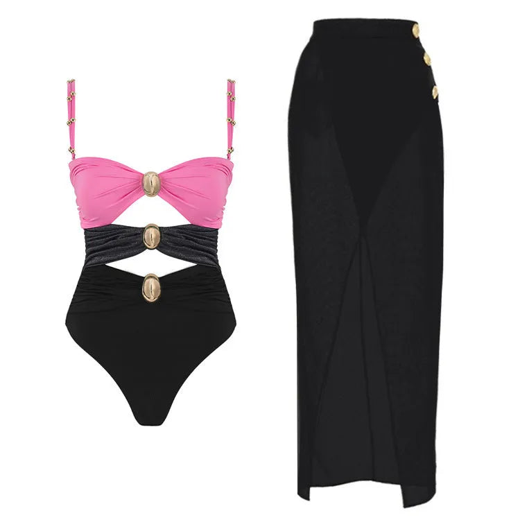 Women's solid-colour one-piece swimsuit with matching skirt and gold button detail