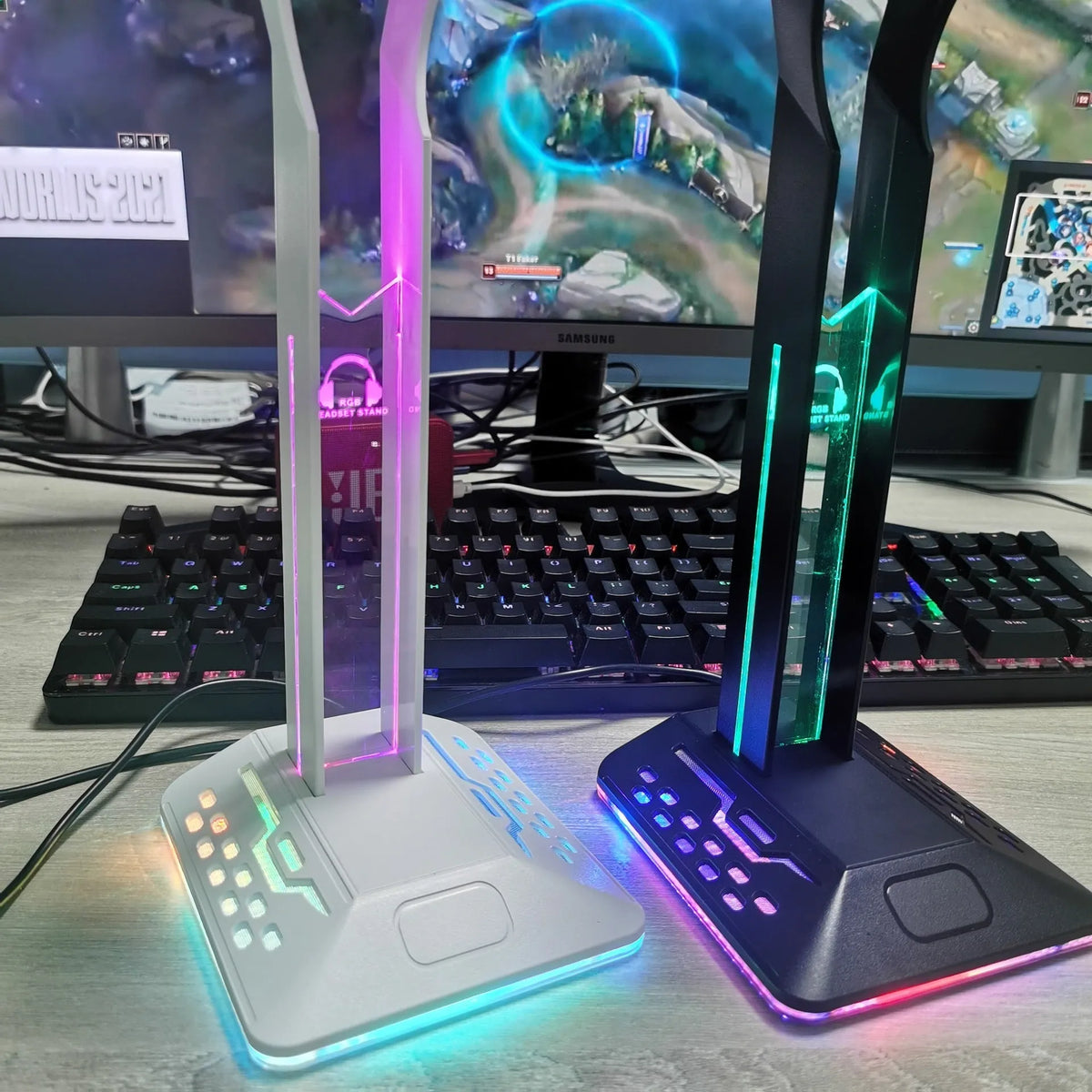 RGB colour changing headset display rack with dual USB charging ports and 1.5 metre cable