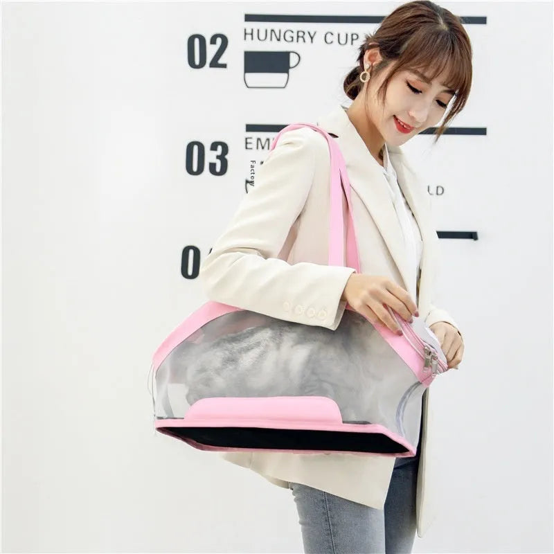Leather cat outing carry bag in solid colour with structured 25L capacity.