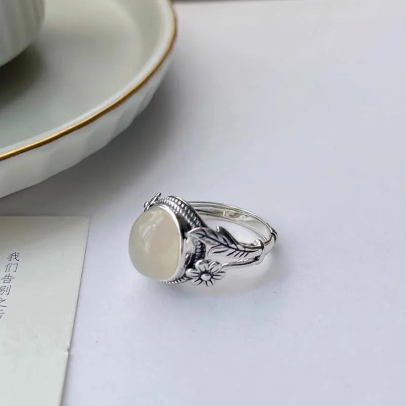 Copper adjustable opening ring with white chalcedony vintage finish and U-shaped design