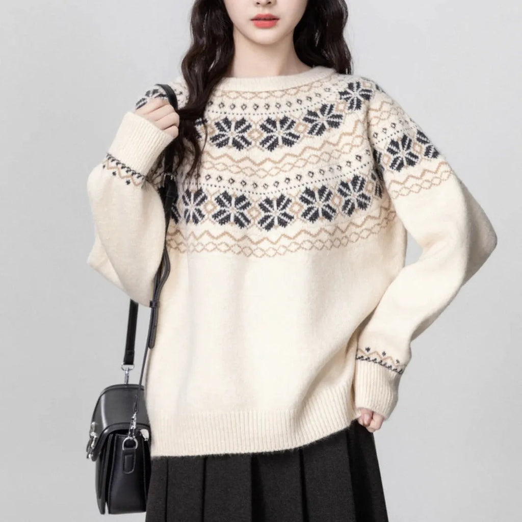 Women's milky white fair island geometric pattern pullover sweater