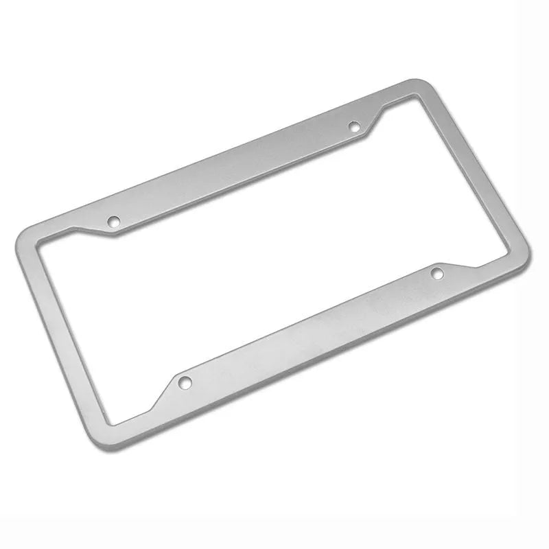 Aluminum alloy license plate frame in black, light grey, sandblasted silver or stainless steel finishes