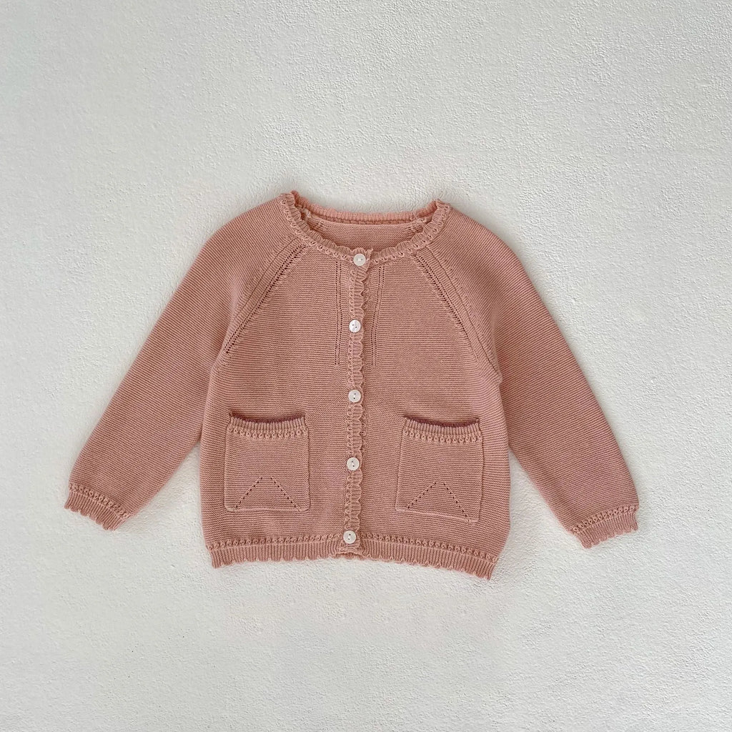 Baby girl cotton cardigan in lotus root pink, single-breasted long sleeve knitted coat for 0-3 years, sizes 66cm-100cm.