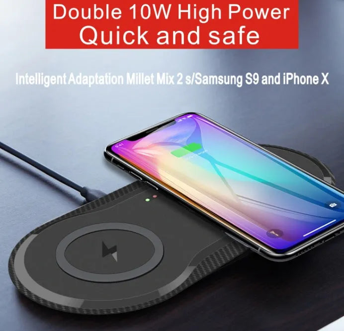 Dual wireless charging pad showing two phones charging simultaneously with black or white colour options