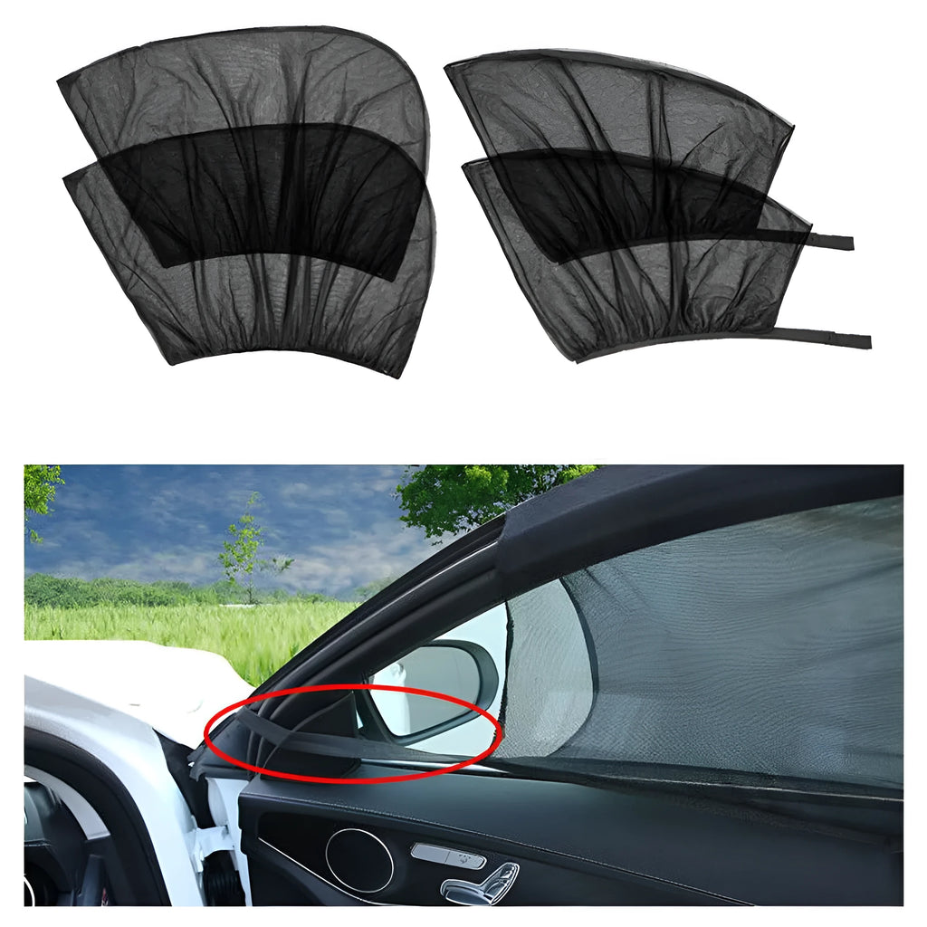 Set of four elastic-fit non-woven mesh sunshades for car front and rear side windows.