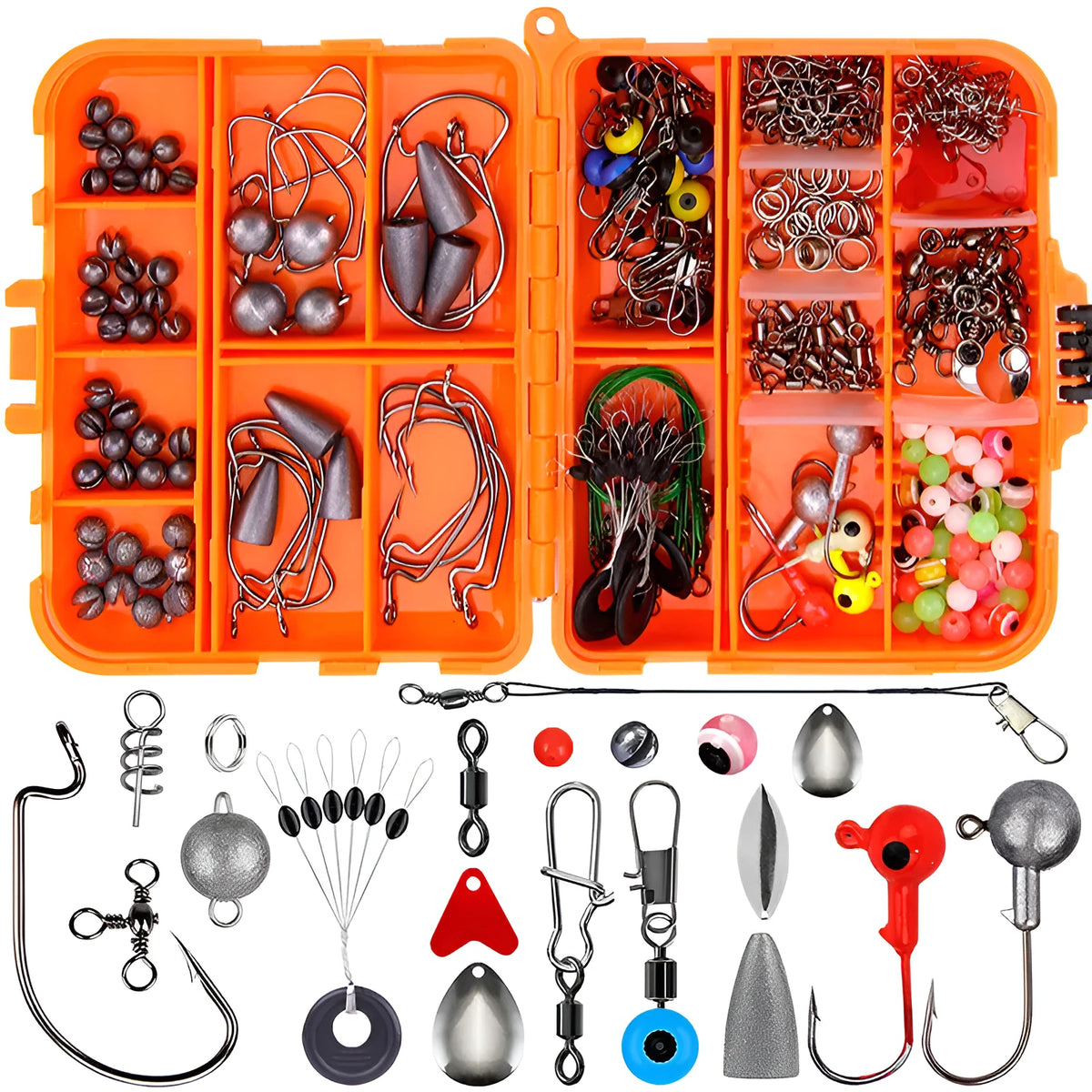 Weihe 257-piece fishing lure hook accessories set in orange or black ABS storage box