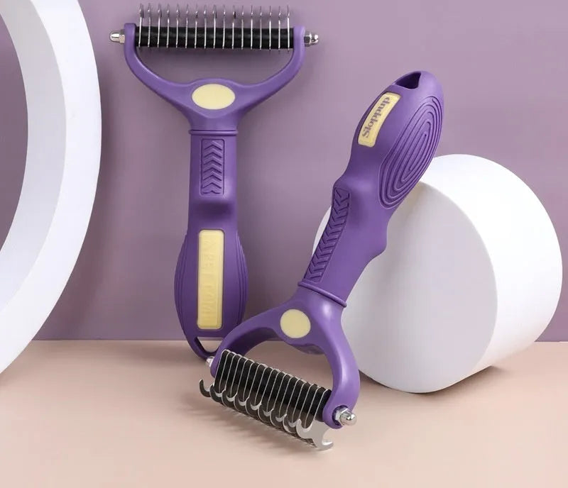 Purple plastic double-sided pet comb for detangling and grooming dog fur.