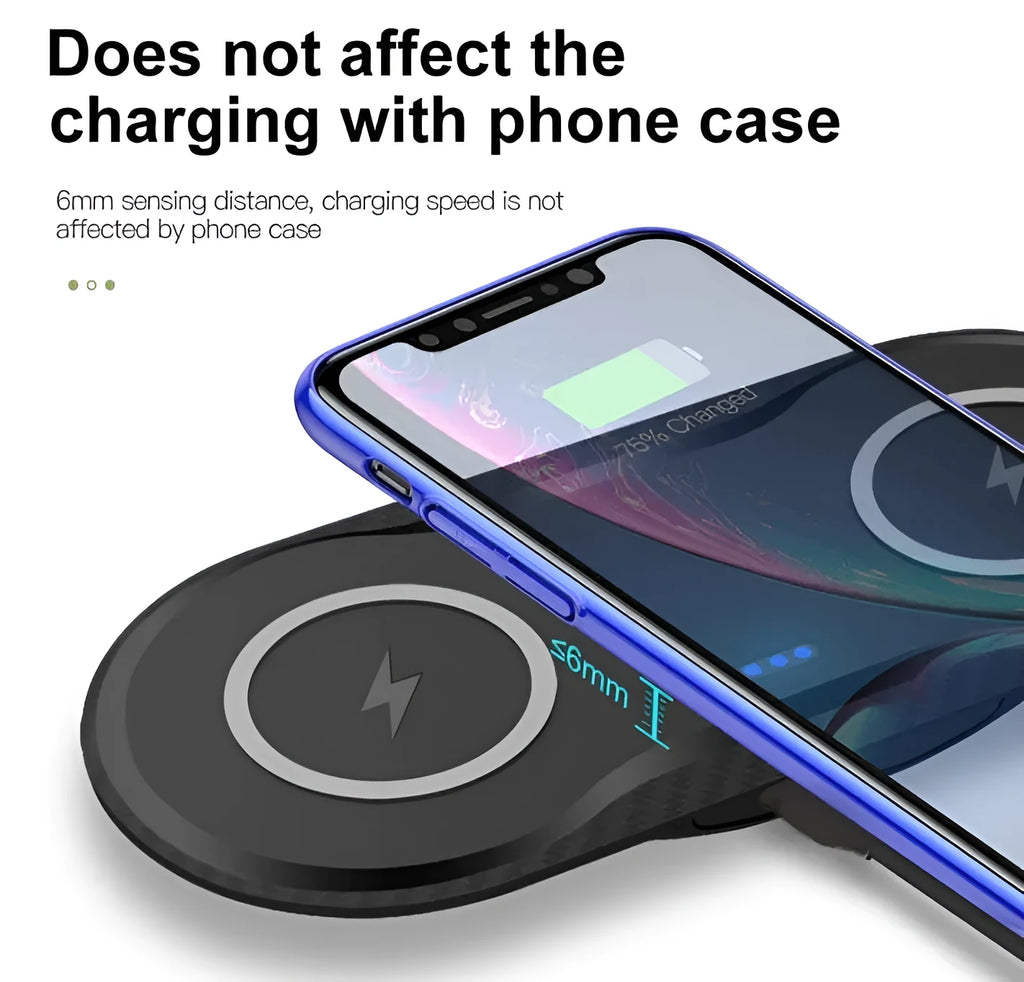 Dual wireless charging pad showing two phones charging simultaneously with black or white colour options