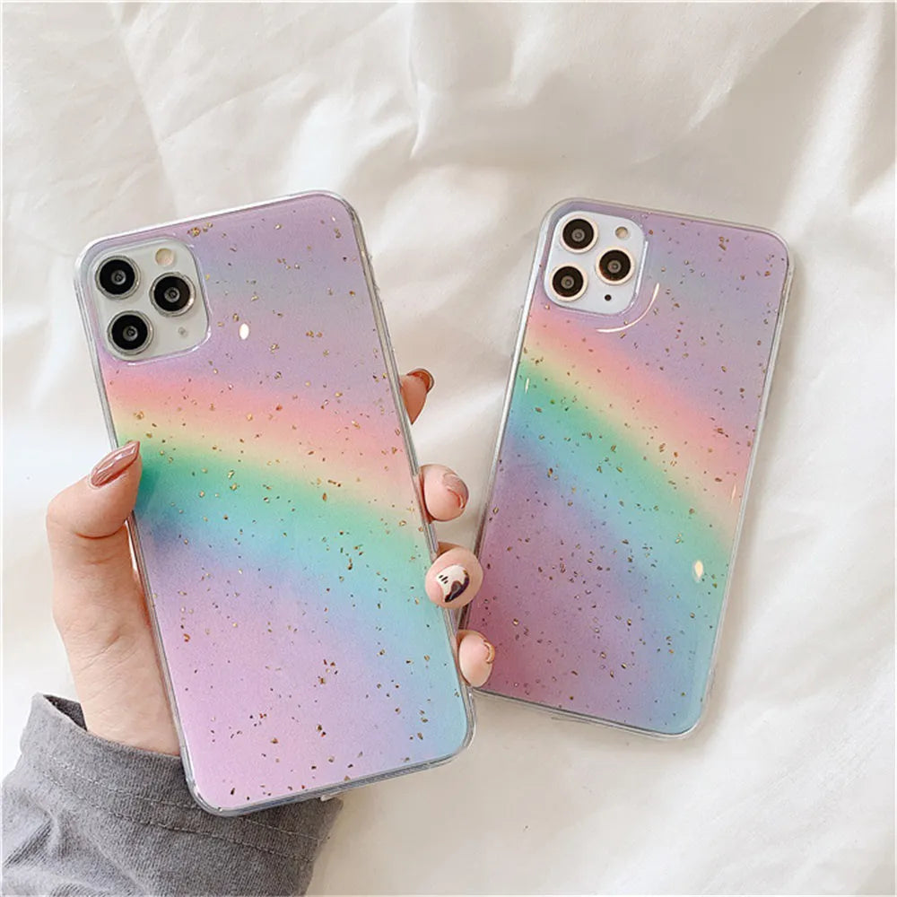 Rainbow gradient striped TPU phone case for iPhone models with Japanese-inspired design