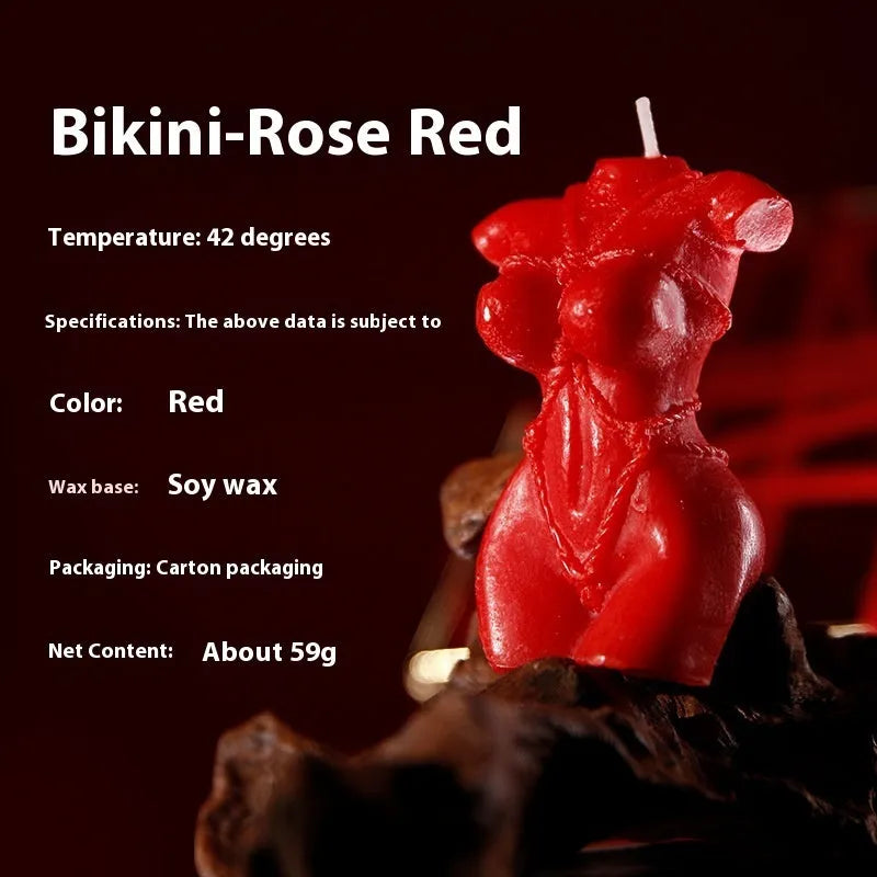 9i Smsexy low-temperature soy wax bikini candle in red, pink, or purple for sensual use.