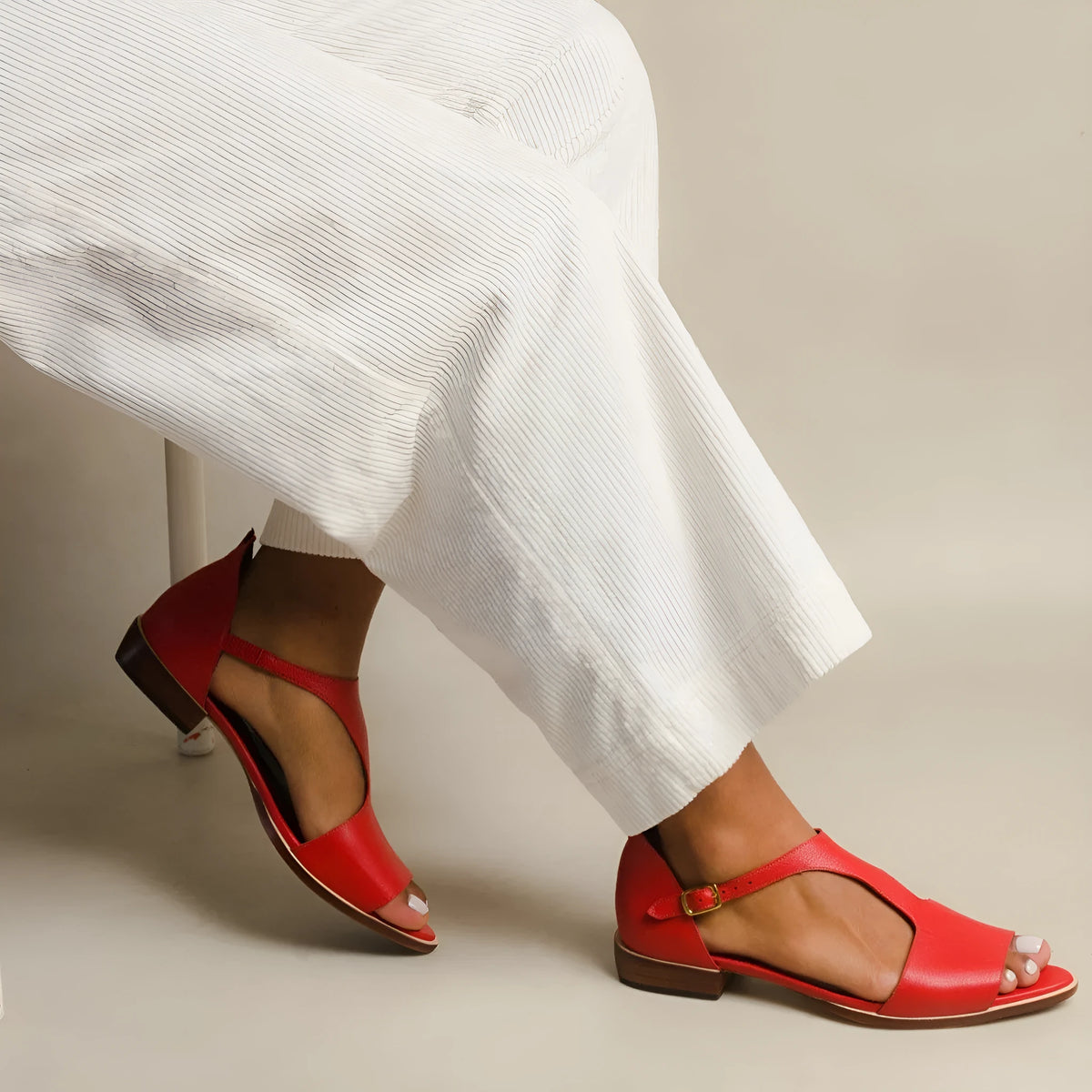 Red women's plus size sandals with square buckle strap and herringbone pattern toe holder