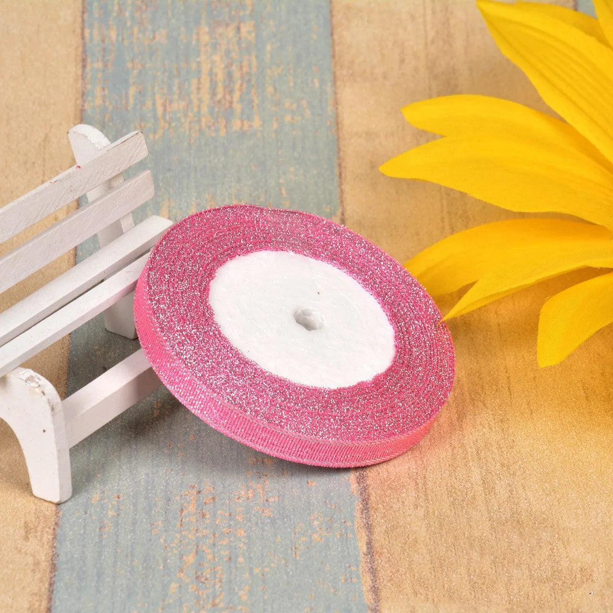 3 points polyester ribbon with colourful green onion pattern and metallic wire accents on 25-yard spool