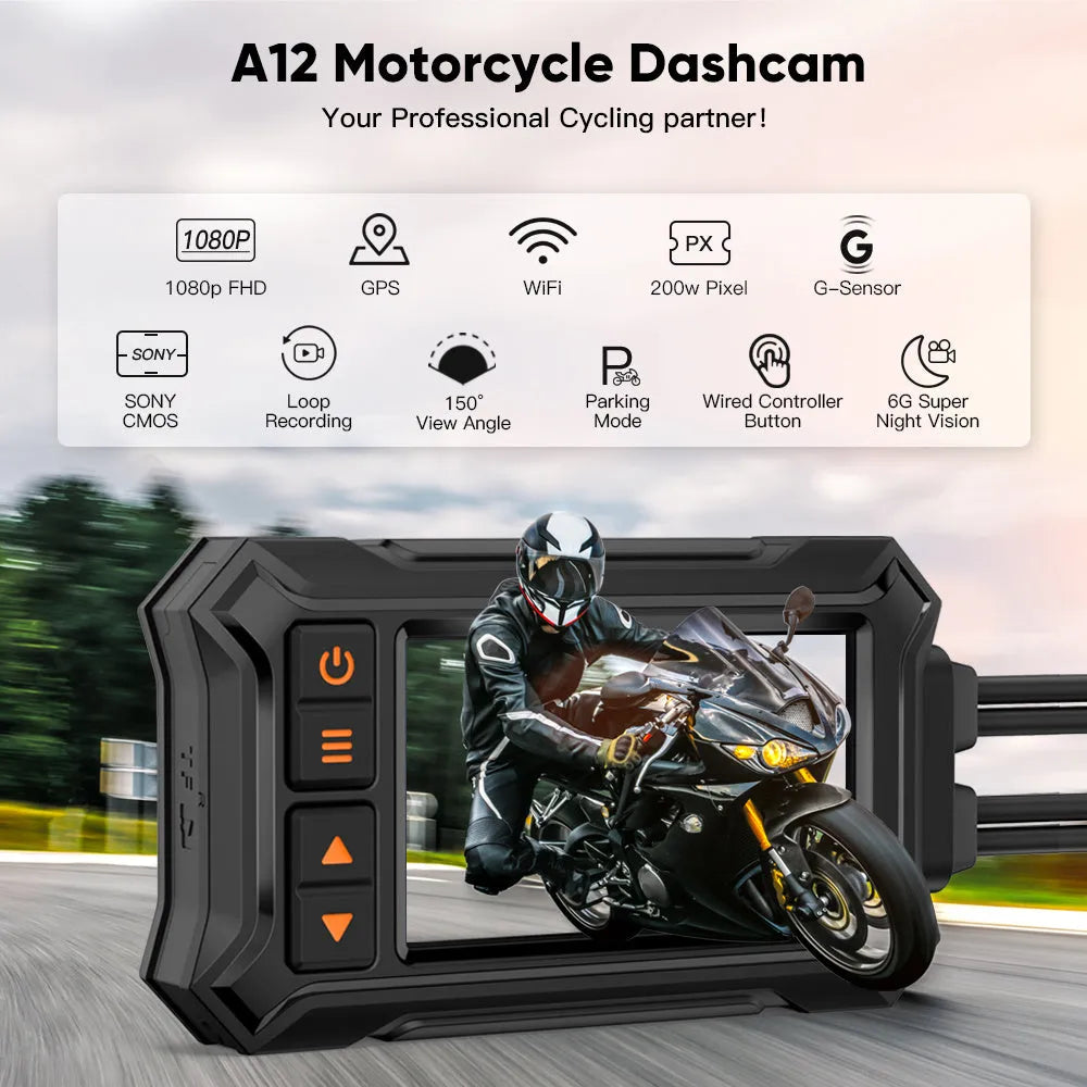 Motorcycle dash camera with dual lenses and GPS module mounted on handlebars