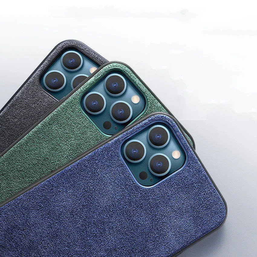 Suede full-cover iPhone case in dark blue, dark night green and elegant black colours.
