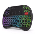 i8X black wireless keypad with QWERTY keyboard, touchpad, dual mouse buttons, USB adapter, and lithium battery