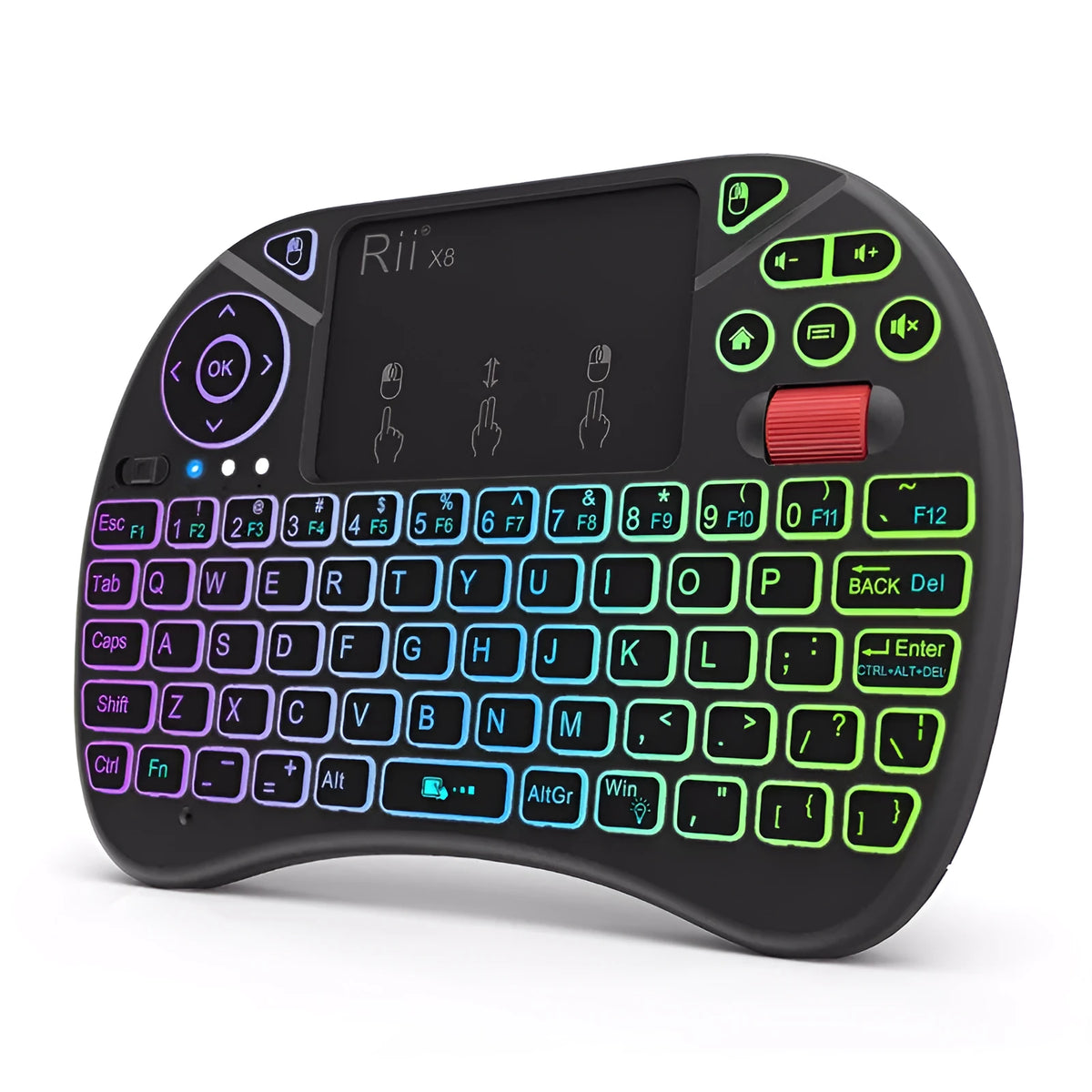 i8X black wireless keypad with QWERTY keyboard, touchpad, dual mouse buttons, USB adapter, and lithium battery
